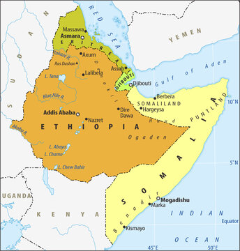 Vector ethiopia, somalia, eritrea, djibouti
with cities on political world map.
Fragment of african region with sudan, yemen, 
kenya, uganda, red sea, indian ocean, gulf of aden,
blue nile river.