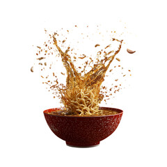 ramen bowl with noodles suspended mid-air, broth splashing with fresh garlic, sesame oil, and chili flakes flying, rich texture and steam rising, isolated on transparent background, png cutout