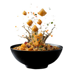 ramen bowl with noodles suspended mid-air, broth splashing with fresh garlic, sesame oil, and chili flakes flying, rich texture and steam rising, isolated on transparent background, png cutout