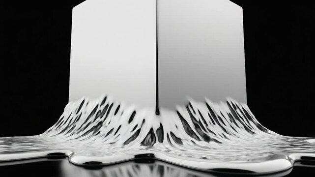 Silver mirror cube melts like liquid mercury, creating surreal reflections and collapsing structure in abstract display