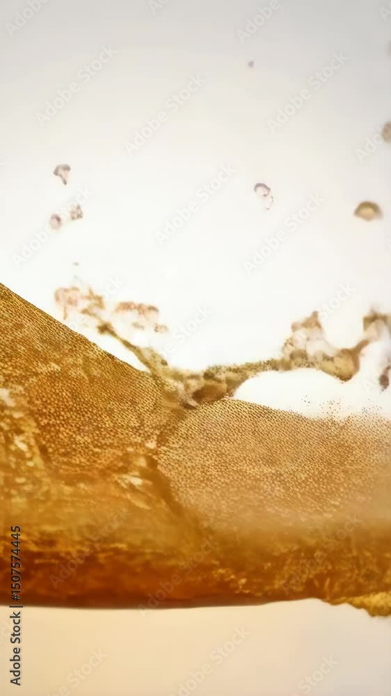 Poster fluid amber liquid surging upwards with splash bubbles, creating abstract wave shapes on a light bac