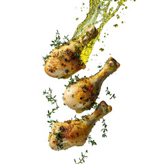 roasted chicken drumstick with rosemary and thyme herbs flying around, olive oil splashing on the meat, vivid contrast of greens and gold, isolated on transparent background, png cutout