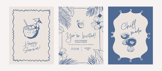 Hawaiian party hand drawn templates. Summer doodle poster. Event invitation card set. Boho holiday drawings. Illustration of drink, cocktail and tropic leaves. Graphic ink style sketch. © Anastasiia Neibauer