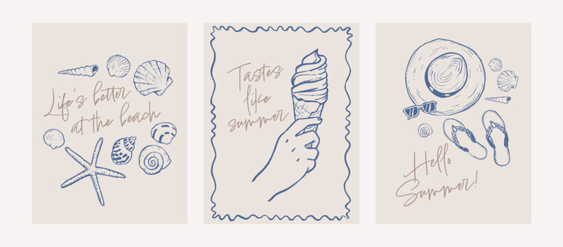 Summer beach doodle card set. Coastal poster with quote. Event invitation template. Hand drawn frame illustration. Graphic ink style sketch.