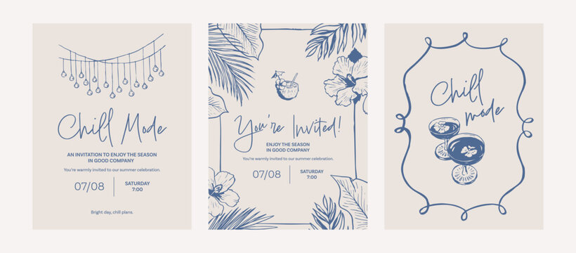 Summer party doodle card set. Event invitation poster template. Boho holiday drawings. Hand drawn illustration of drink, cocktail and string lights. Graphic ink style sketch.