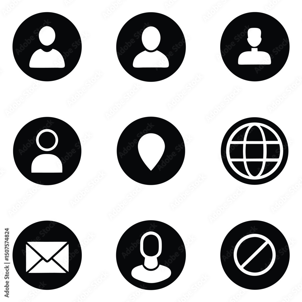 Poster collection of minimalist black and white user interface icons for websites and applications
