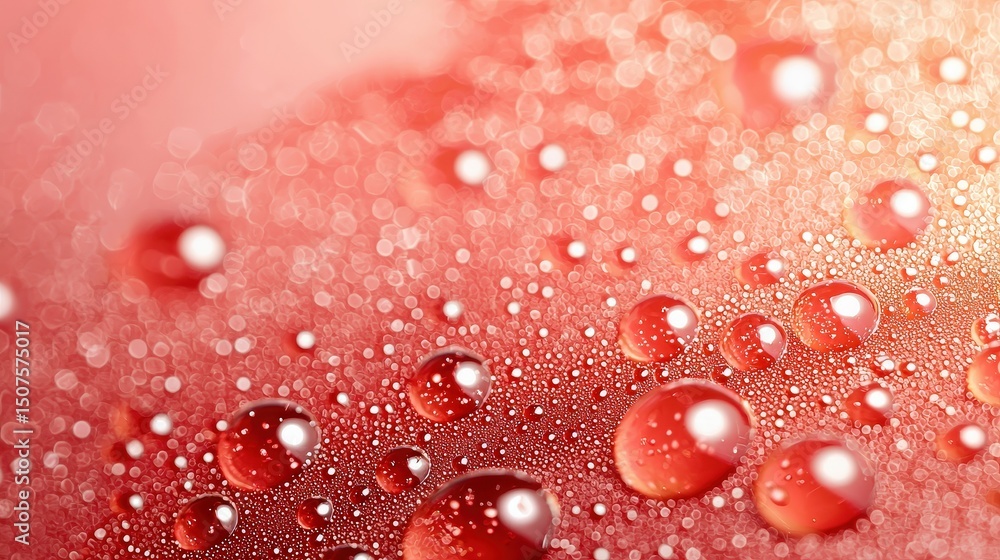 Poster close-up of water droplets on a red, textured surface, creating a sparkling, abstract bokeh effect.