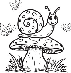 Cute Snail on Mushroom Coloring Page  Forest Friends for Kids