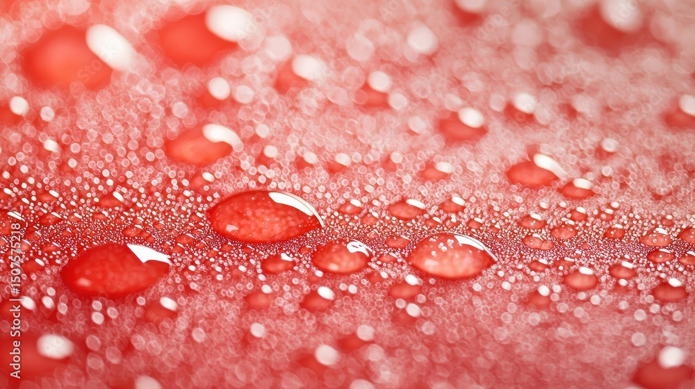 Aufkleber close-up of water droplets on a red surface, creating a sparkling, abstract pattern with vivid highl