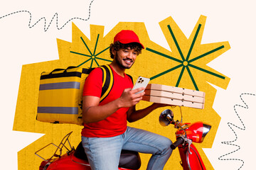 Creative full art collage of happy guy delivery worker hold phone courier shipment food pizza box...