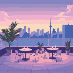 Rooftop cafe with beautiful cityscape in the background vector illustration