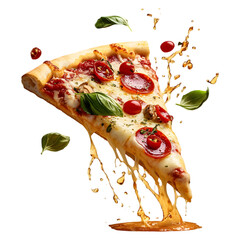 slice of pizza with melted cheese, pepperoni, and fresh basil suspended in mid-air, splashes of tomato sauce and oil around it, perfect cheese stretch, isolated on transparent background, png cutout