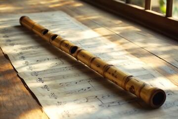 Traditional bamboo flute on sheet music