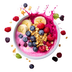 smoothie bowl with fresh fruits, granola, and a burst of yogurt splashing around, vibrant colors of berries, bananas, and nuts, isolated on transparent background, png cutout