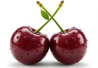 Two ripe cherries with water droplets and crossed stems on a plain white background in close up view