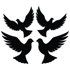 Fototapeta premium Four silhouette doves soaring in flight depicting peace unity and love on white background