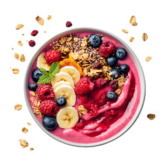 smoothie bowl with fresh fruits, granola, and a burst of yogurt splashing around, vibrant colors of berries, bananas, and nuts, isolated on transparent background, png cutout