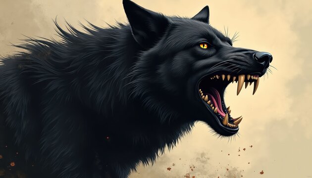 Fierce black wolf bares teeth in aggressive display. Illustration features open mouth showing sharp fangs. Wildlife animal predator character with dark fur, yellow eyes staring at viewer, perfect for