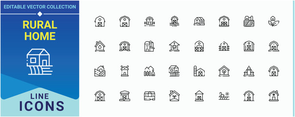 Rural Home simple icon set. Includes symbols for eco, rural, farm, house, farming, barn and more. Farmhouse linear icon set. Thin outline icons pack. Pictogram and infographic. © Rubbble