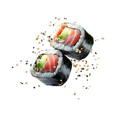 sushi roll with tuna and avocado, suspended mid-air with soy sauce splashing in all directions, fresh, glossy fish and vibrant rice flying around, isolated on transparent background, png cutout