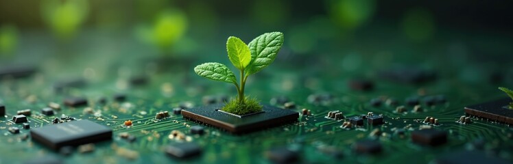 Conceptual image eco-friendly tech, green, sustainable future. Plant grows from circuit board green technology. Server room, communication, data centers. Renewable energy, digital world, ecology.