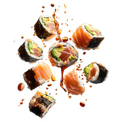 sushi roll with tuna and avocado, suspended mid-air with soy sauce splashing in all directions, fresh, glossy fish and vibrant rice flying around, isolated on transparent background, png cutout