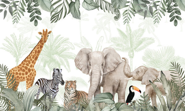 Fototapeta Playful Animal Kingdom Mural: African Wildlife & Tucan in Earthy Tropical Scene