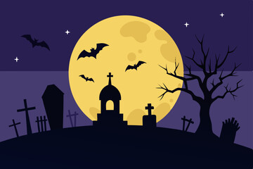 Spooky graveyard with tombstones full moon and bats in night sky
