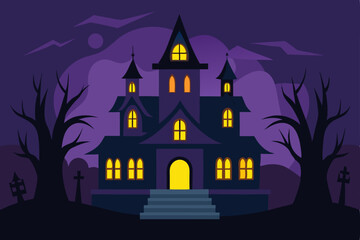 Haunted House and Bats on Halloween Night Vector Illustration