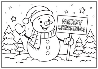 Coloring page for kids with Merry Christmas Snowman