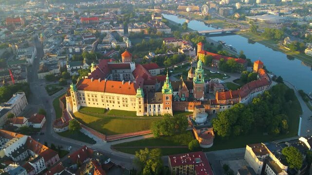 Wawel Castle architectural complex on the left Vistula Krakow Poland drone view landscape city