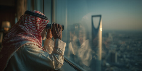 Saudi senior man using goole through a glass window, vision concept