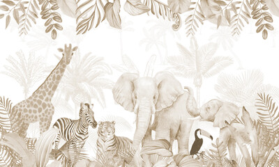 Aged Animal Kingdom Mural: Retro African Wildlife & Penguin in Faded Jungle © csinie1
