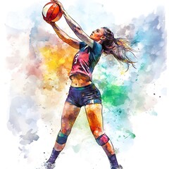 A female volleyball player in action, depicted in a vibrant, colorful style.
