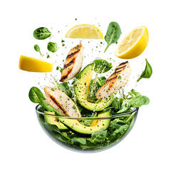 vibrant salad with sliced avocado, spinach, and grilled chicken flying in the air, with a burst of lemon vinaigrette splashing all around, fresh and healthy, isolated on transparent background, png cu