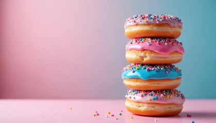 Colorful donuts stacked on pink gradient background. Sweet dessert with glazed colorful toppings. Tasty bakery product in shop or cafe. Copy space for text, creative advertising concept.