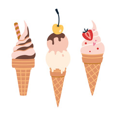 Colorful cute ice cream cones with various toppings. Trendy modern vector illustration isolated on white background, hand drawn, flat design
