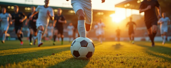Soccer players run after the ball during sunset match. Soccer ball on foreground. Football competition, team play in green field. Focus on sport and healthy lifestyle.
