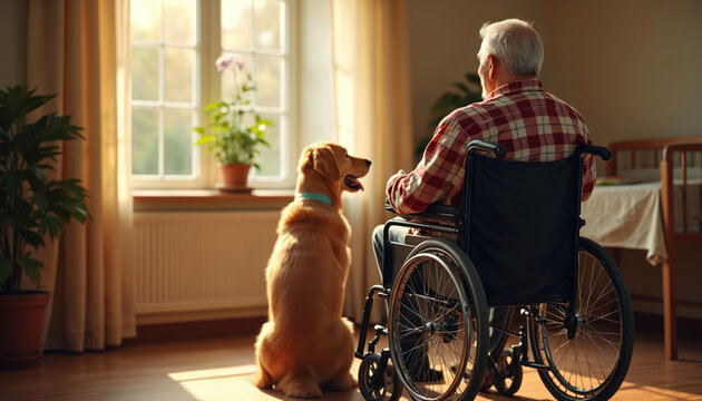 Elderly man in wheelchair looks out window, with golden retriever dog. Senior citizen in nursing home with support animal pet. Concept of companionship, aging, care, loneliness. Senior care, senior
