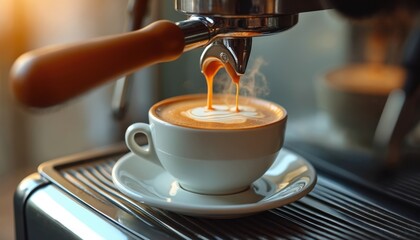 Close-up photo espresso machine brews espresso with finely detailed crema, shot in white cup. Natural lighting, warm morning light and steam effects. Coffee flows to make a latte. Coffee shop.