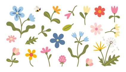 Set of whimsical wildflowers and leaves with a bee, perfect for summer designs and nature themed projects. Trendy modern vector illustration isolated on white, hand drawn, flat