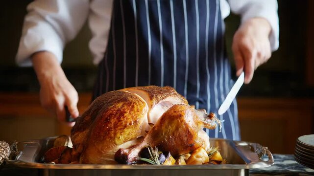A skilled chef carving a roasted turkey, a culinary masterpiece.