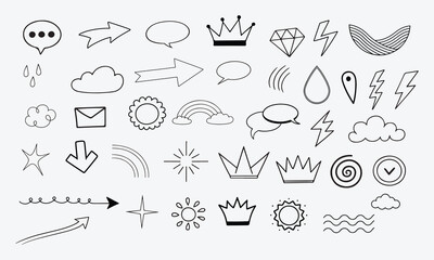 set of hand drawn doodle arrows, Set of Hand, Drawn Symbols & Doodles in Line Vector Style on White Background