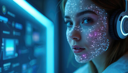 Futuristic woman with digital face overlay wears headset in tech environment. Represents AI integration, communication, innovation. High-tech portrait, connected network, advanced technology design