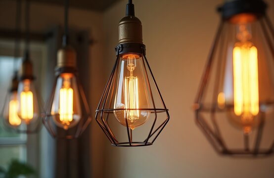 Hanging retro lamps with vintage style industrial lightbulbs. Warm light bulbs glow in interior, creating cozy home decor atmosphere. Modern home design.