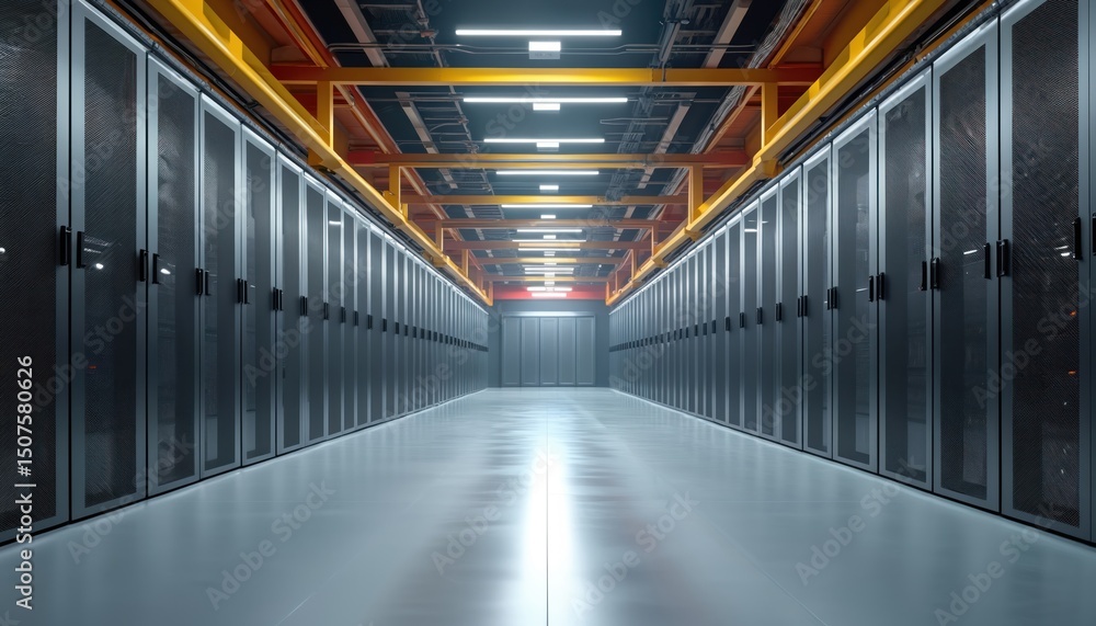 Poster modern data center server room with rows of server racks. digital tech infrastructure, high-tech net