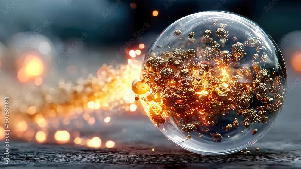 Poster abstract energy sphere filled with glowing particles and golden elements in motion, symbolizing powe