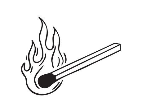 Burning match hand drawn doodle icon, simple line match drawing sketch, design outline element.