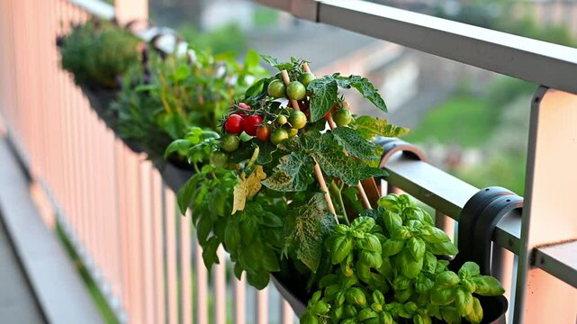 Urban balcony garden with herbs and vegetables