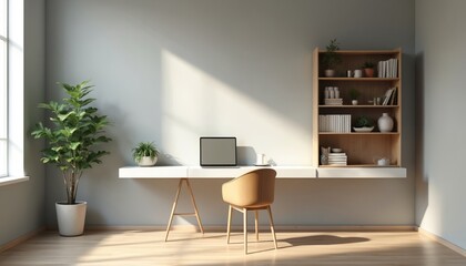 Minimalist home office interior with floating desk, chair, wall-mounted bookshelf. Laptop, decor, plants. Calm atmosphere, light from window, neutral colors. Workspace, living space. Modern apartment
